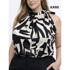 Blusa Feminina Plus Size Estampada Crepinho Chevron com Laço no Ombro