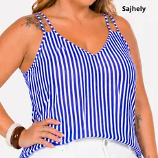 Blusa Regata Plus Size Crepinho Feminina  Listrada Decote V Moderna Solta no Corpo