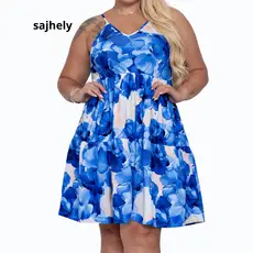 Vestido Pus Size Estampado Floral Folhagem Com Alças Ajustáveis Com Babadocom