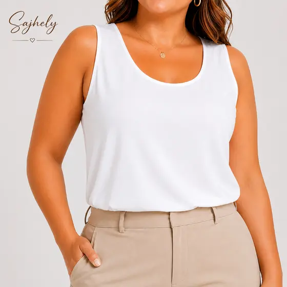 Regata Feminina Plus Size com Forro Duplo em Tecido Duna  A Regata Feminina Plus Size é confeccionada em Tecido Duna Pre