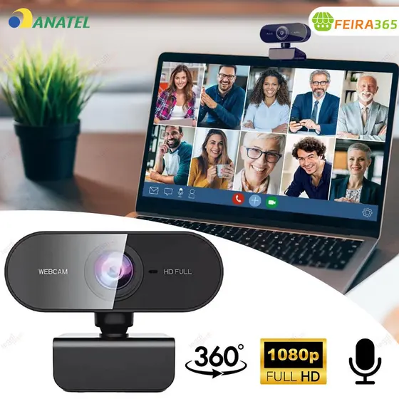 Webcam Full HD 1080p com Microfone Embutido Rotação 360° Ajuste Livre para PC Notebook Home Office