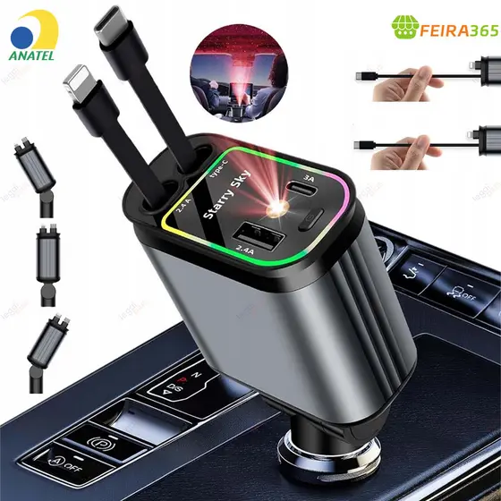 Carregador Retrátil para Carro 4 em 1 com Luz LED 180° Ajustável e Cabo Flexível para iPhone Android