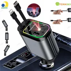 Carregador Retrátil para Carro 4 em 1 com Luz LED 180° Ajustável e Cabo Flexível para iPhone Android