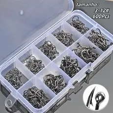 Kit Com 600 Anzóis Aço Carbono + Caixa Pesca Anzol #3 Ao #12 Tamanhos Diferentes Anzóis Sem Furo