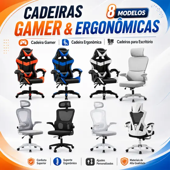 Cadeira Gamer e Ergonômica Escritório Confortável Ajustável 8 Modelos