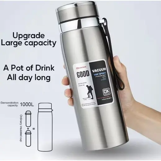 Garrafa 1000ml Inox Térmica Com Infusor Prata De Água Café Parede Dupla Com Alça