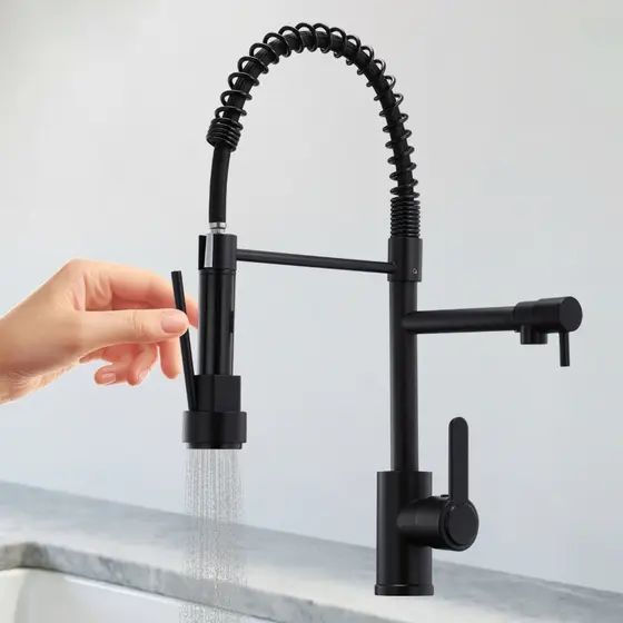 Torneira de cozinha resistente monocomando, bico regulável anti-respingo, modelo com mola para pia
