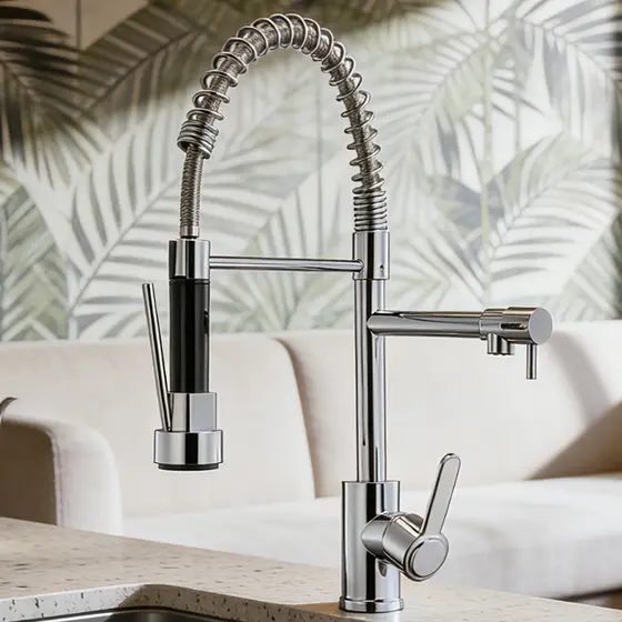 Torneira De Cozinha Gourmet Alça Única Com Extensor De Spray Superior Prateado/Preto