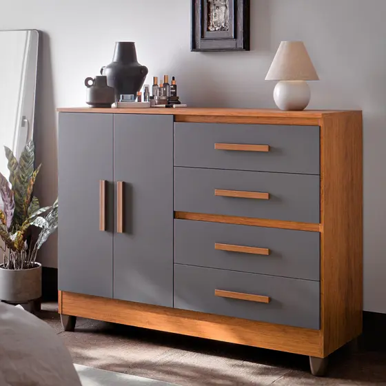 Cômoda Para Quarto Moderna Bella C/ Sapateira 2 Portas 4 Gavetas Cor Nature/Cinza