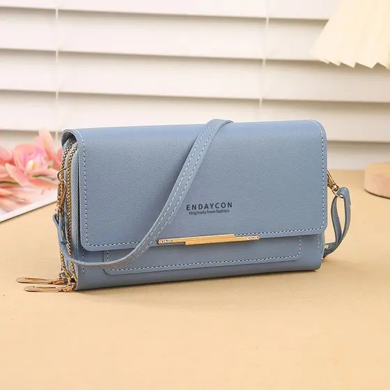 Bolsa Carteira Feminina De Transversal Ombro Couro PU Com 3 Camadas Porta-Cartões Telefone De Corpo Cruzado