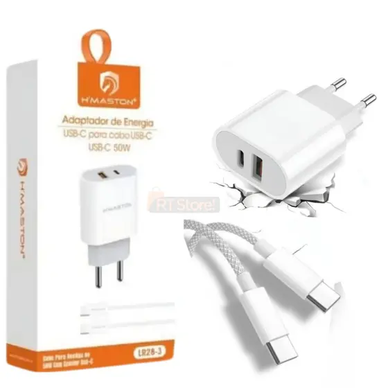 Carregador Turbo 50w H'maston Original USB + USB-C Cabo Tipo C Compatível com iPhone 15 16 17
