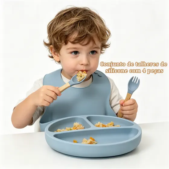 Kit Talheres bebê silicone 4/6 Peças Talheres Infantil Com Ventosa Canudo Colher Babador Garfo