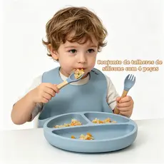 Kit Talheres bebê silicone 4/6 Peças Talheres Infantil Com Ventosa Canudo Colher Babador Garfo