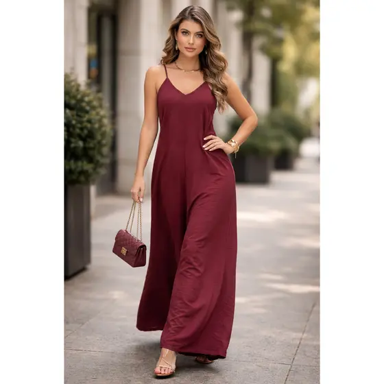 Macacão Feminino Pantalona Alça Fina com Bolso Decote V Elegante Promoção envio em 24 horas