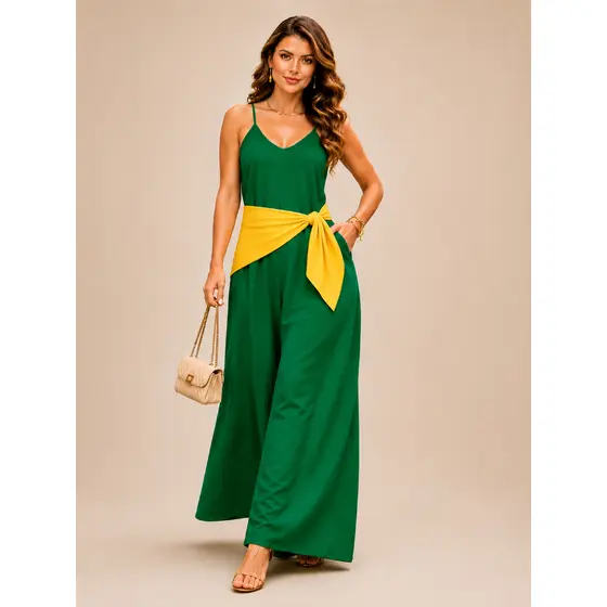 Macacão Elegante com Alça Bolso funcional Verde  e Azul com Lenço  envio em 24 horas Promoção