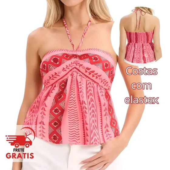 Top Tomara que Caia Feminino Estampa Étnica Boho Chic com Elastex