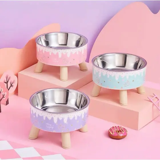 Tigela Para Gatos e Cachorro De Pés Altos Com Proteção Do Pescoço De Aço Inoxidável Animais De Estimação Antiderrapante