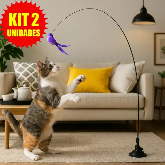 2 Brinquedo Varinha Gato Pena de Passaro Com Ventosa Fixa No Chao