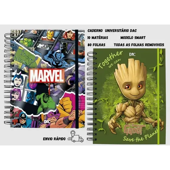 Caderno Universitário10 Materias Smart Marvel Guardião da Galaxia Groot Original