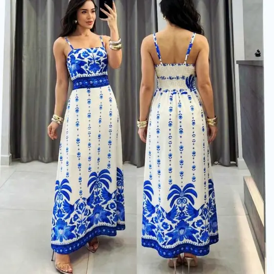 Vestido Longo feminino Com bojo  Lastex Nas Costas Tecido Estampado Festa Elegante