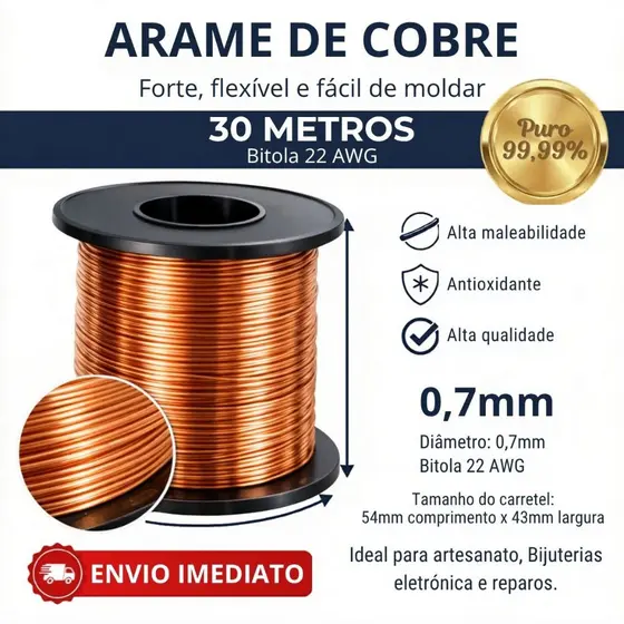 Arame de Cobre Puro Rolo 30mts - 0,45mm-0,5mm-0,7mm  Artesanato Bijuteria, Extra Macio