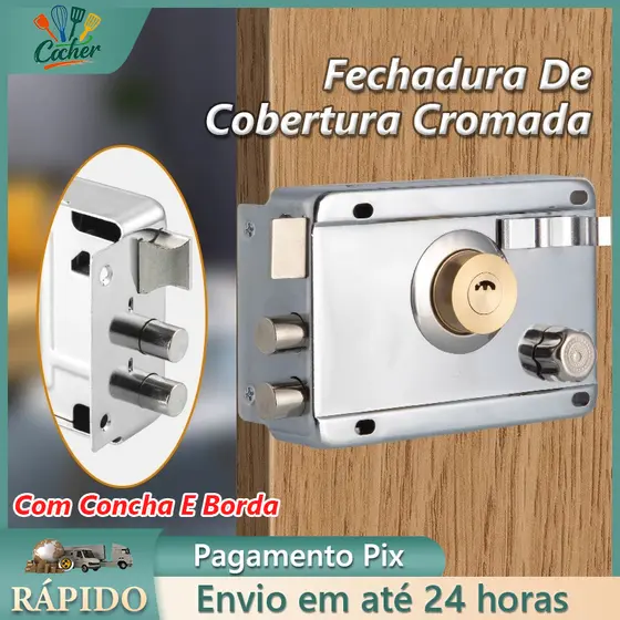 Fechadura Sobrepor cor Cromada Tetra para Portão e Porta Com Trava Dupla e 05 Copia De Chaves