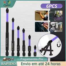 Jogo 6 Ponteiras Philips Magnéticos PH2 de Impacto Anti Derrapante Parafusadeira Bits Cruzado