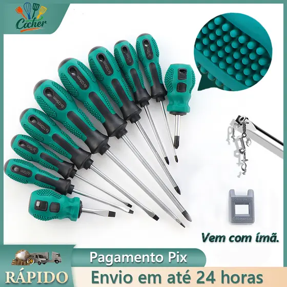 Jogo Chaves de Fenda e Phillips 10 Peças Kit De Chave Profissional Magnética Entrega Rápida