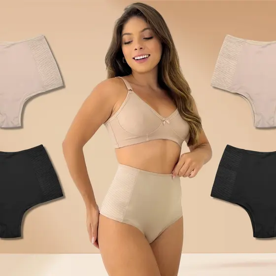 Kit 4 Calcinha Modeladora Elástico Reforçado Afina Cintura Preto e Bege