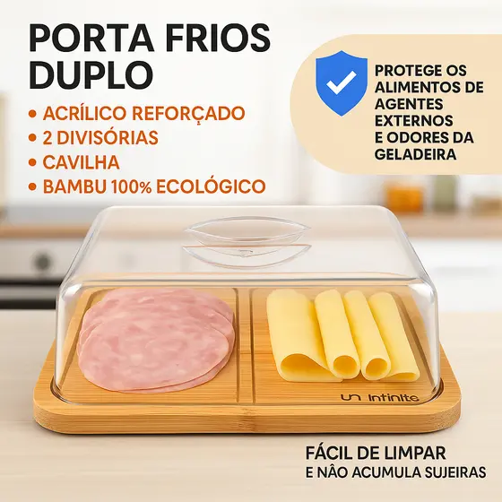 Porta Frios Bambu Duplo Com Divisorias Tampa de Acrilico