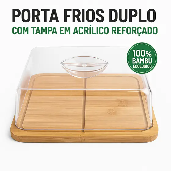 Porta Frios Em Bambu Duplo Com Tampa de Acrílico