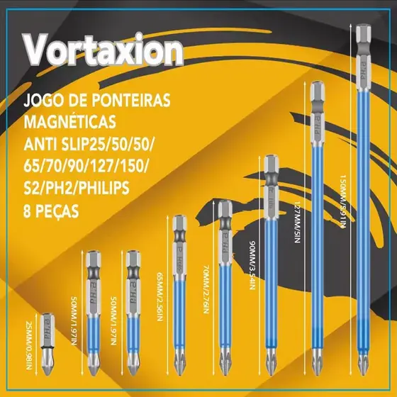 Kit de 8 Bits de Parafuso Cruzado PH2 Anti-Impacto Magnéticos Duráveis 25-120mm
