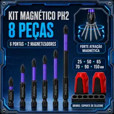 Kit 8 Bits Cruzado Magnéticos PH2 de Impacto Anti Derrapante Encaixe Preciso Anti choque Philips