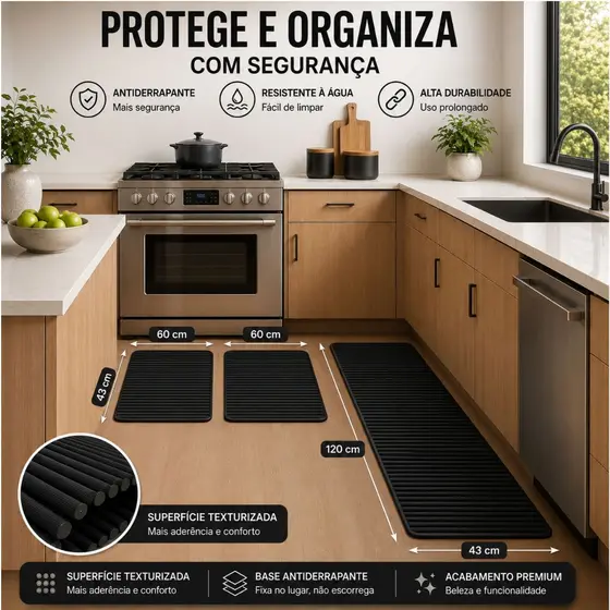 Jogo 3 Peças Passadeira Antiderrapante Impermeável Fácil Limpeza Preto Cozinha