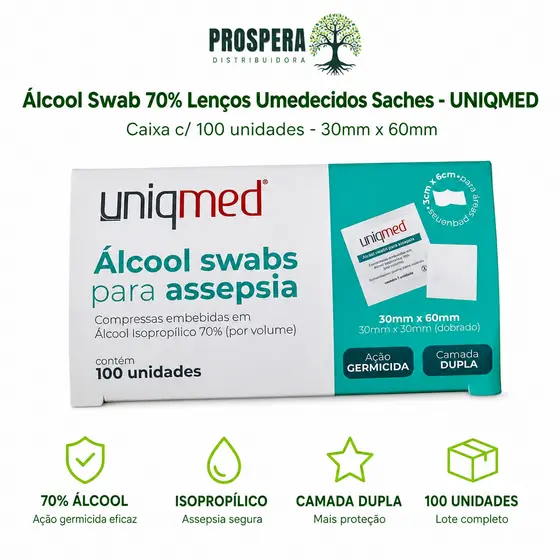 Álcool Swab 70% Lenços Umedecidos Saches UNIQMED kit c/ 100, 300, 500 unidades