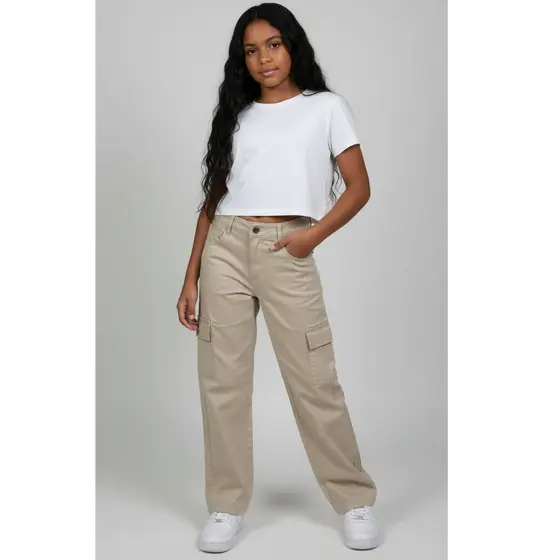 Calça Cargo Juvenil Jeans Infantil feminina Grafite Super tendencia Larga Bolso Na Lateral Criança