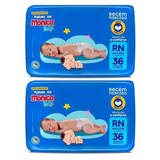 Kit 2pacotes Fralda RN Turma da Mônica 36un cada - Total 72un