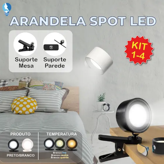 Luminária Spot Led 8W Arandela Cabeceira Luz de Parede 3 Tons de Luz Recarregável USB