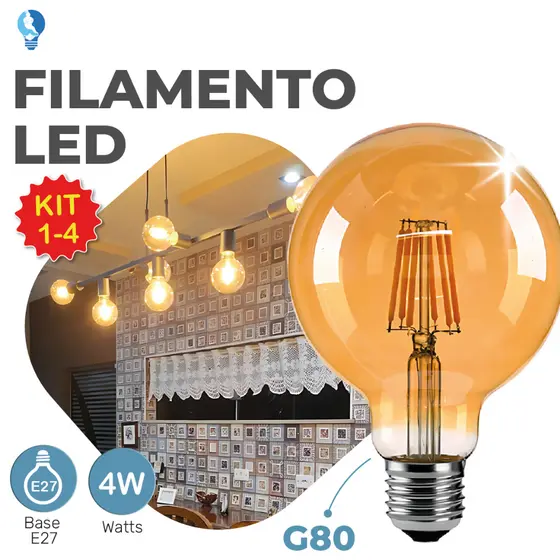 Lâmpada Filamento LED G80 4W E27 LUZ QUENTE (AMARELO) Âmbar Retrô Vintage 110V~220V | Bivolt