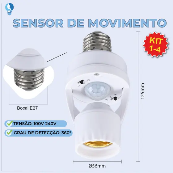 Sensor de Movimento para lâmpada Soquete E27 c/ sensor de presença Bivolt 110V~220V Max 60W
