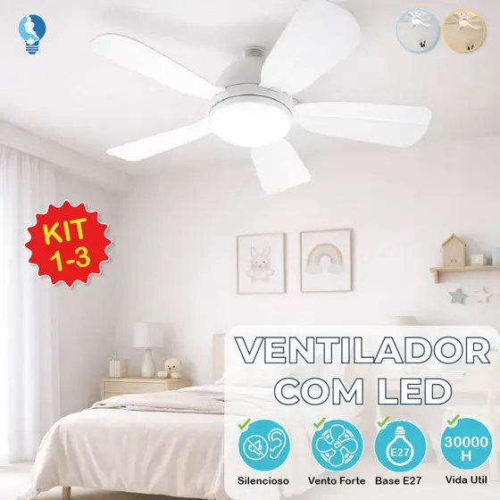 Ventilador de Teto LED 60W 80W Lâmpada E27 Controle Remoto Bivolt Luminária ECO Bivolt