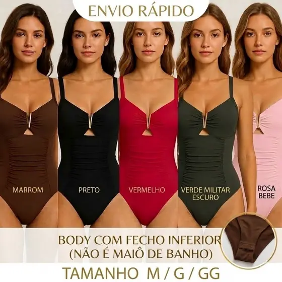 Body Feminino Elegante com Decote V abertura abaixo e Detalhe Dourado plastico – Body Casual #1