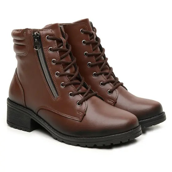 Bota Coturno Feminina Salto Bloco Baixo Zíper Lateral Moderna