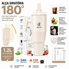 MITU Copo Térmico 1.2L Inox Quente/Frio c/ Alça e Canudo - Garrafa p/ Academia, Carro e Viagem Tampa Multifuncional