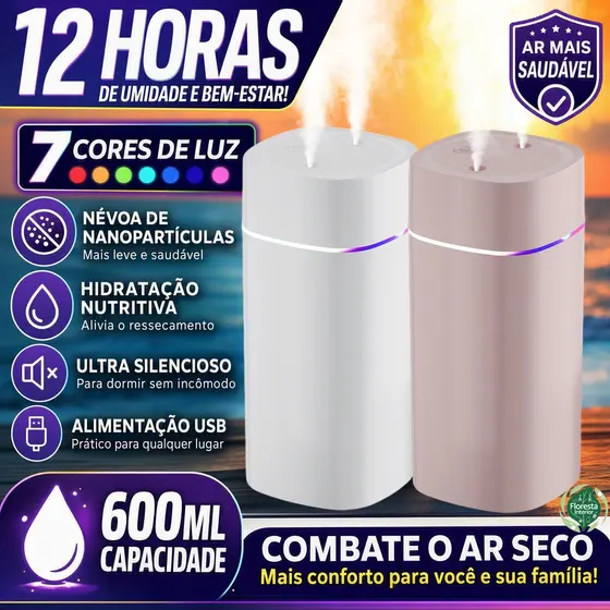 Umidificador De Ar Ultrassônico Bico Duplo ​Aromatizador De Ambiente 600ml Portátil Led Usb