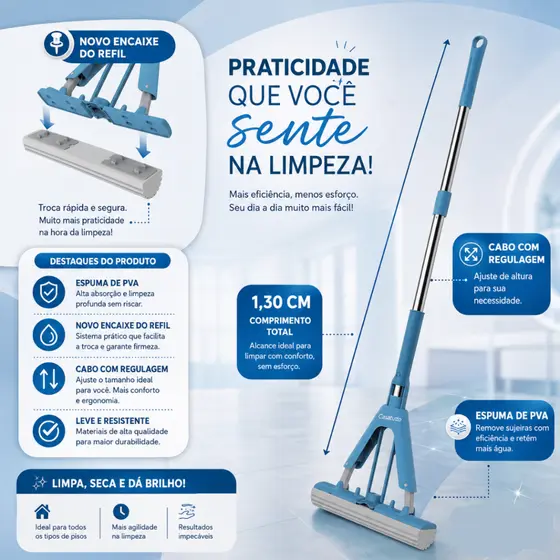 Mop Limpeza Geral Rodo Mop Fácil Com Espuma Enxuga E Varre Rodo de Limpeza Magico Esfregão