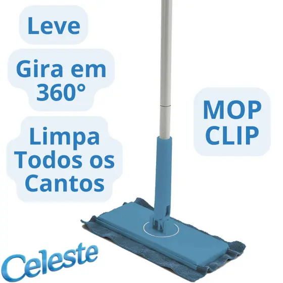 Mop Clip Celeste Cabo Gira 360 Limpeza Banheiro Cozinha Piso Quintal