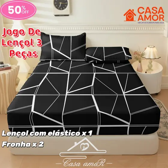 Jogo De Lençol Listras em preto e branco 03 Peças SOLTEIRO/ CASAL /QUEEN Percal  Estampado