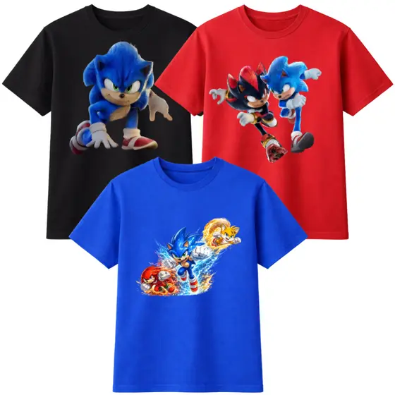 Kit 3 Camisetas Infantil Masculina Sonic e Amigos Estampadas – Cores Variadas