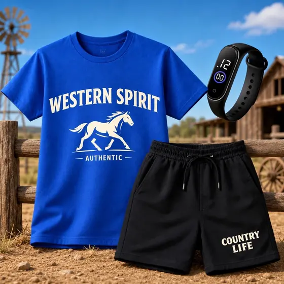 Kit Infantil Country + Relógio GRÁTIS | Conjunto Menino Camiseta + Short Promoção HOJE
